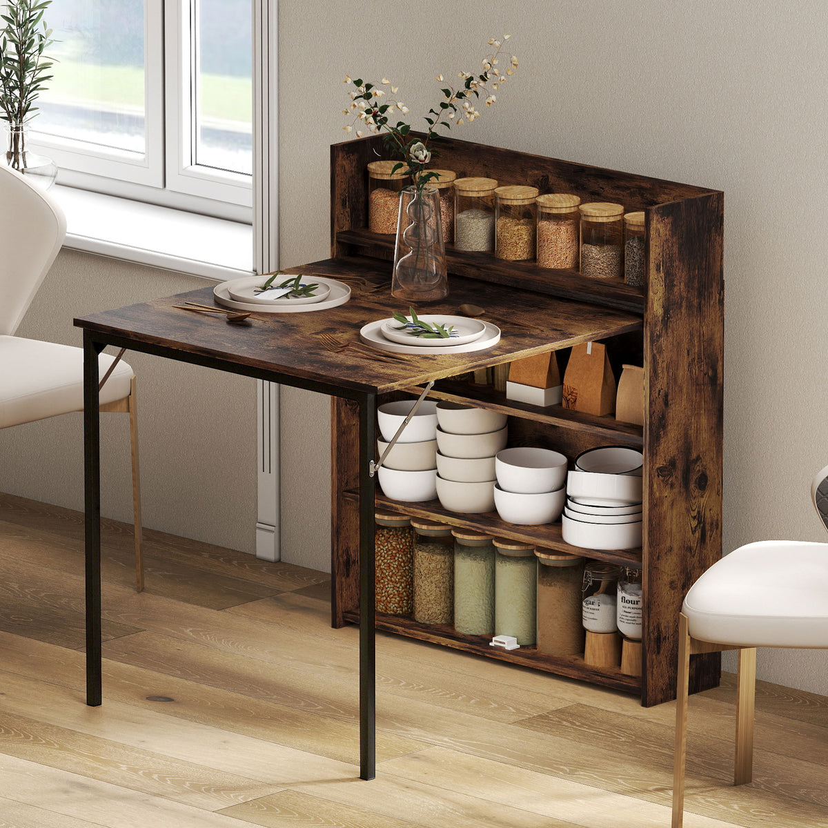 Inklapbare eettafel met rek, industrieel design, ruimtebesparend, voor kleine ruimtes, 80x90x93cm, rustiek bruin (2)