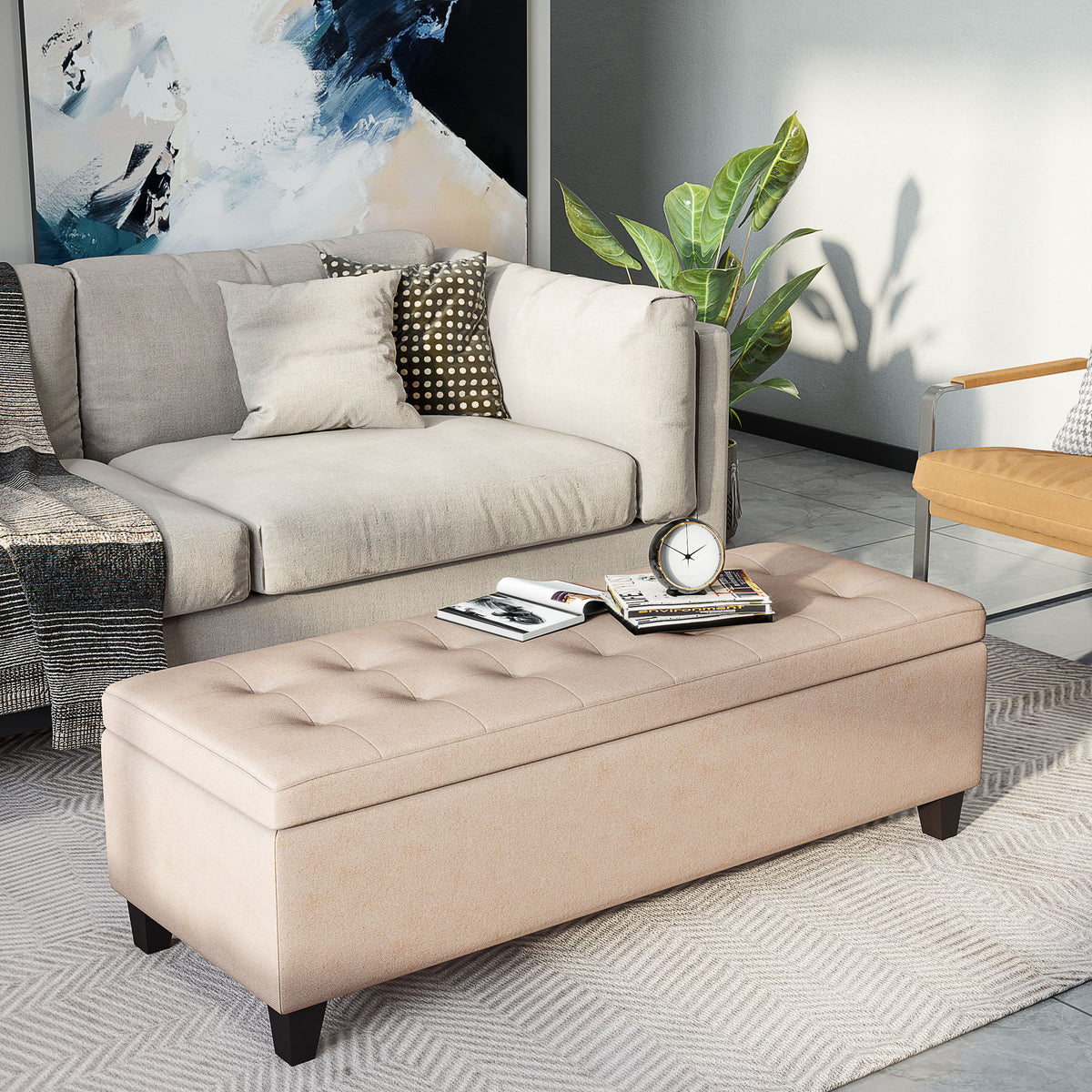 Gestoffeerde bank met opbergruimte, gecapitonneerd, tot 120 kg, 125 x 49 x 41,5 cm, beige (2)