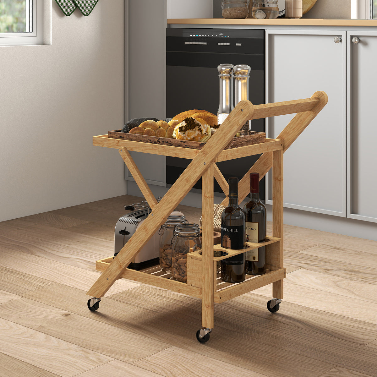 Keukenwagen op wielen, serveerwagen met 3 wijnrekken, 2 dienbladen, voor keuken, eetkamer, bamboehout (2)