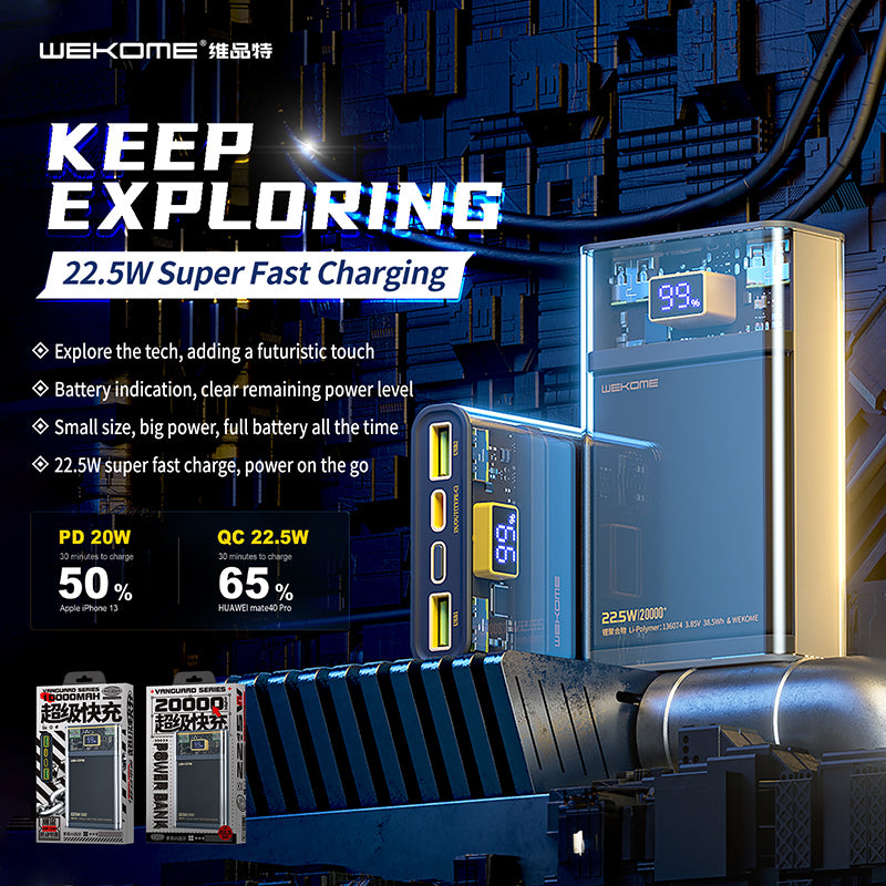WEKOME WP-321 Vanguard Series - Powerbank 20000 mAh Super Charging PD 20W + QC 22,5W (zwart / transparant) (2)