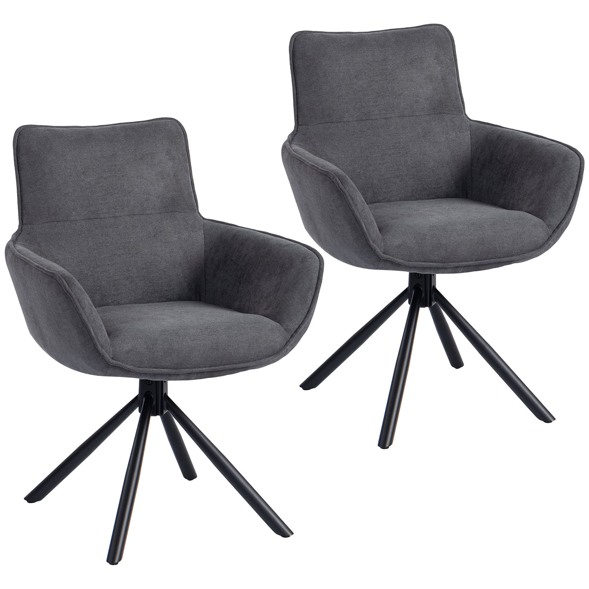 Set van 2 eetkamerstoelen, draaibaar, zacht bekleed, armleuningen, metalen poten, donkergrijs