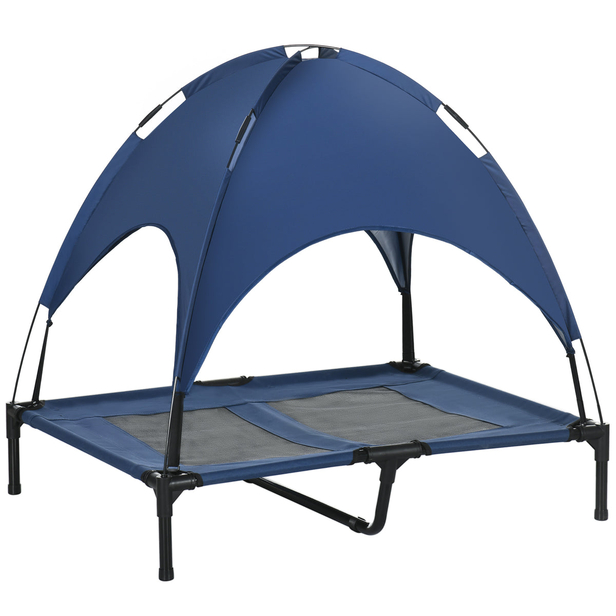 Hondenbed met baldakijn, outdoor hondenbed, opvouwbaar, verhoogde standaard, blauw + zwart