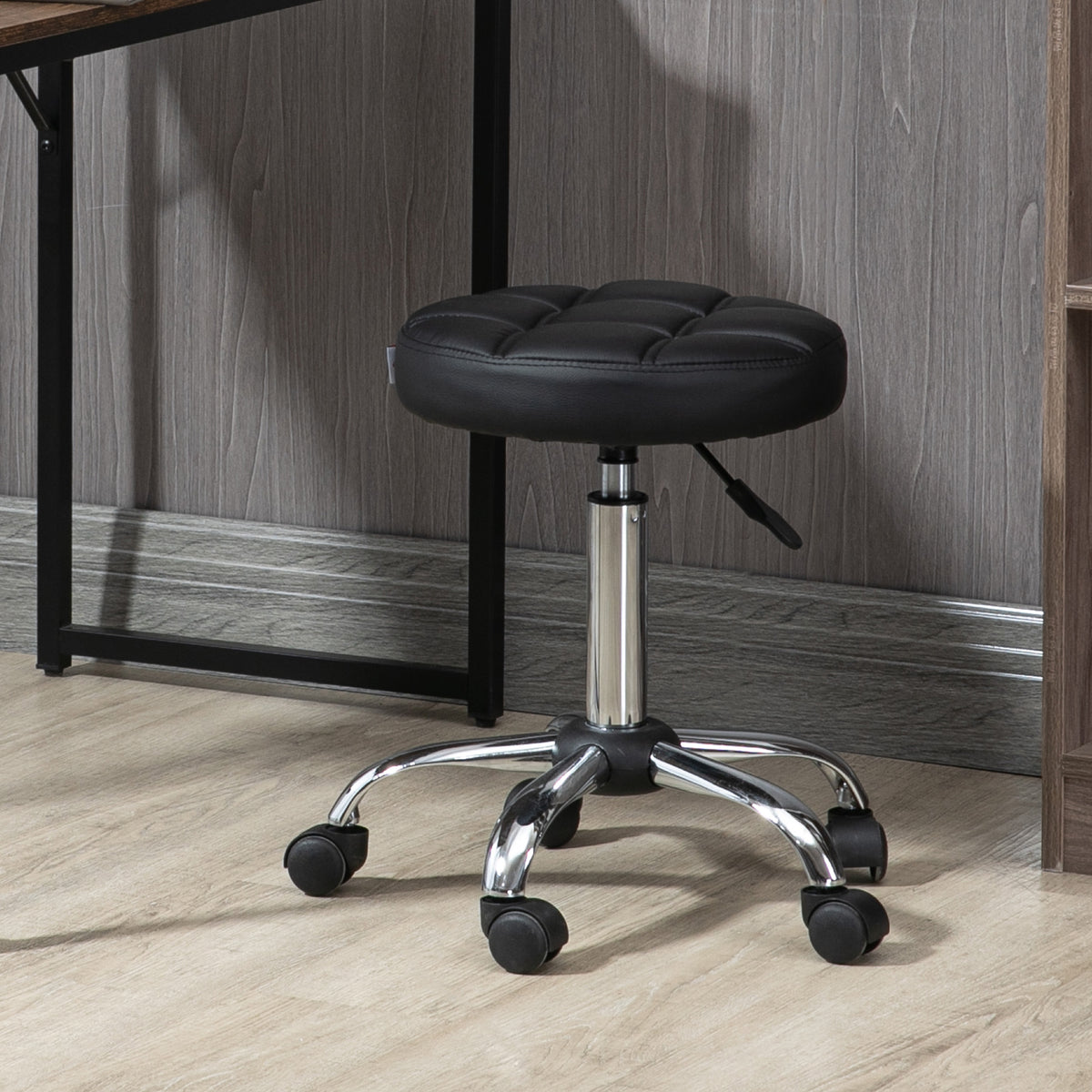 Draaibare kruk, salonkruk, in hoogte verstelbaar, kunstleer, doorgestikt design, zwart/zilver (2)