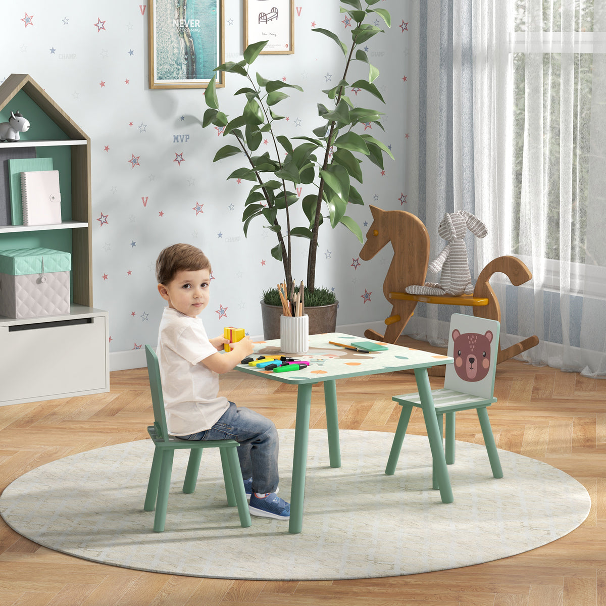 Kinderzitgroep 3-8 jaar, 1 tafel & 2 stoelen, schattig diermotief, groen (2)
