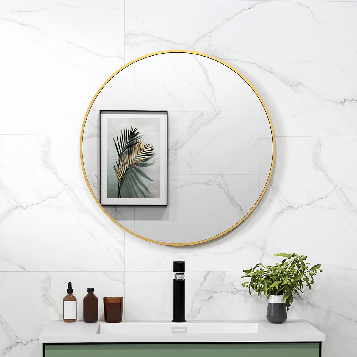 70 x 70 cm ronde badkamerspiegel, wandmontage, goudkleurig frame (2)