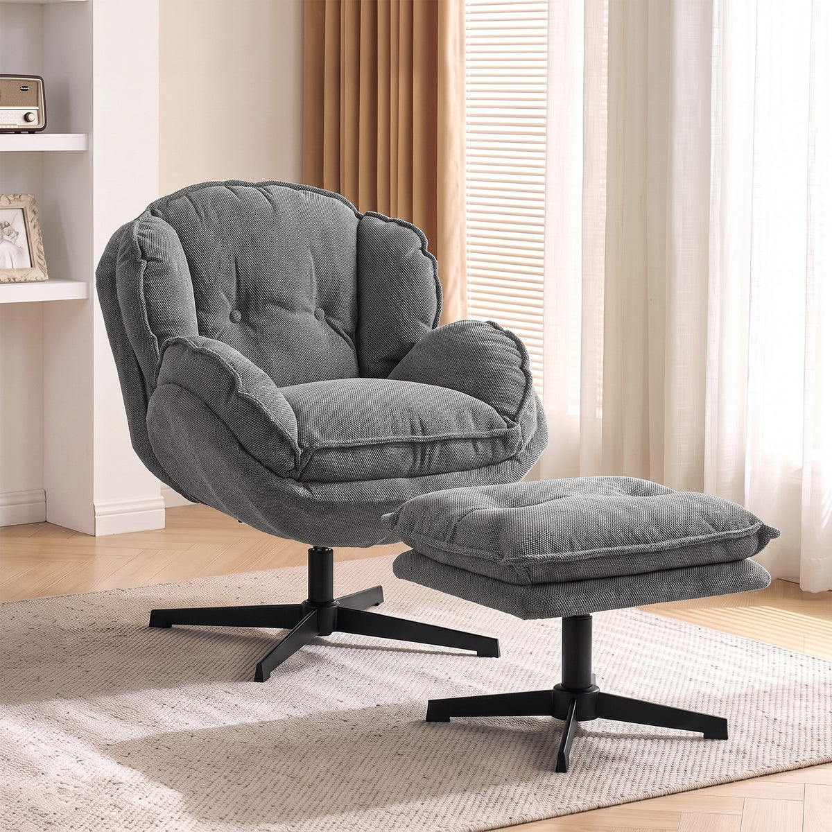 Fauteuil met verstelbare voetenbank, 360° draaibaar, chenille bekleding, dikke vulling, grijs (2)