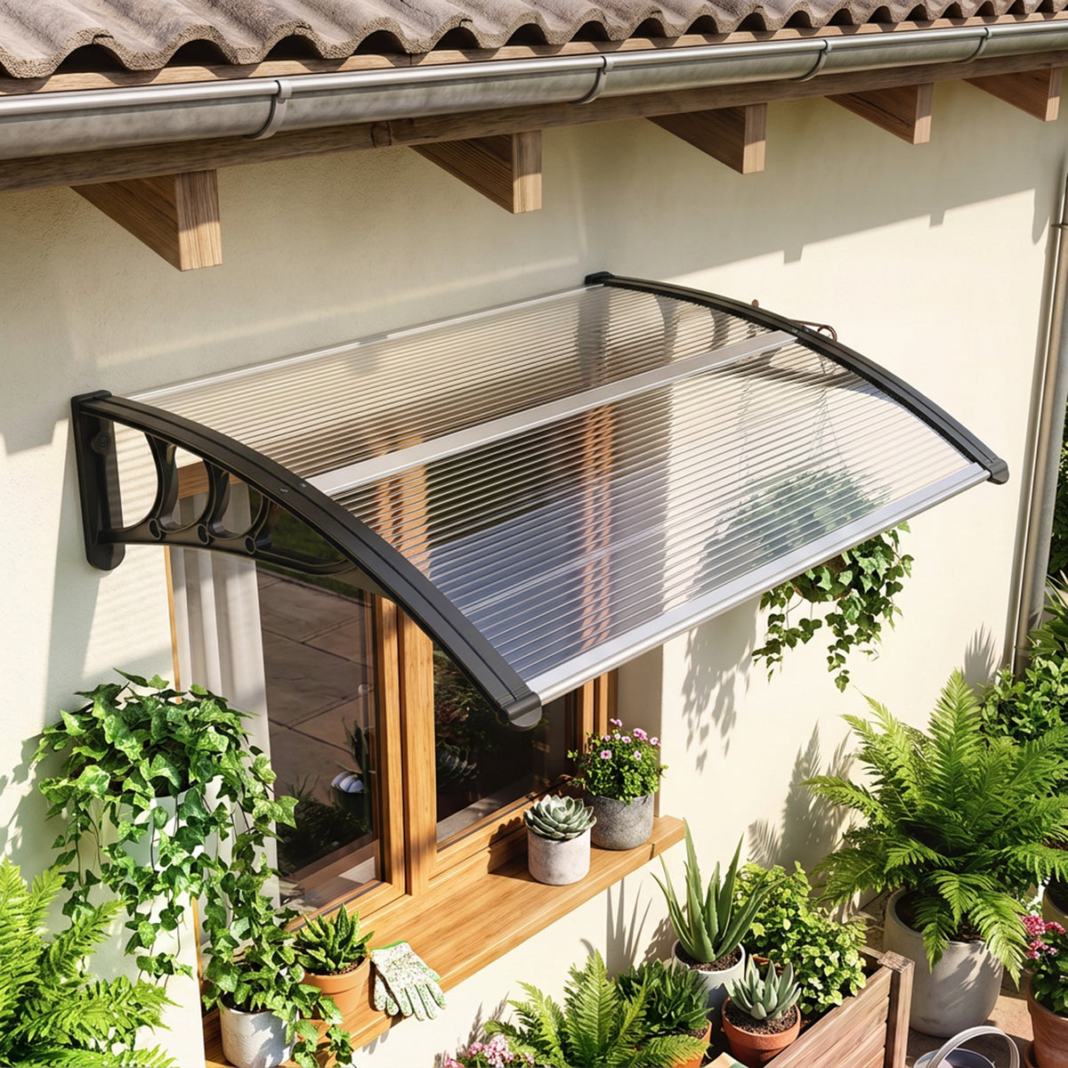 Luifel voordeur 100 x 75 cm lessenaarsdak overkapping polycarbonaat transparant (2)