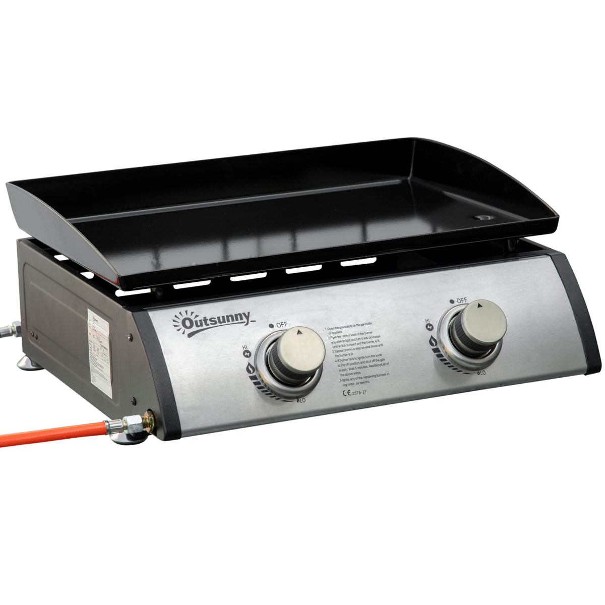 Gasbarbecue met 2 branders, slang, antiaanbakplaat, roestvrij staal, kleur: zilver, 48,5 x 48 x 21 cm