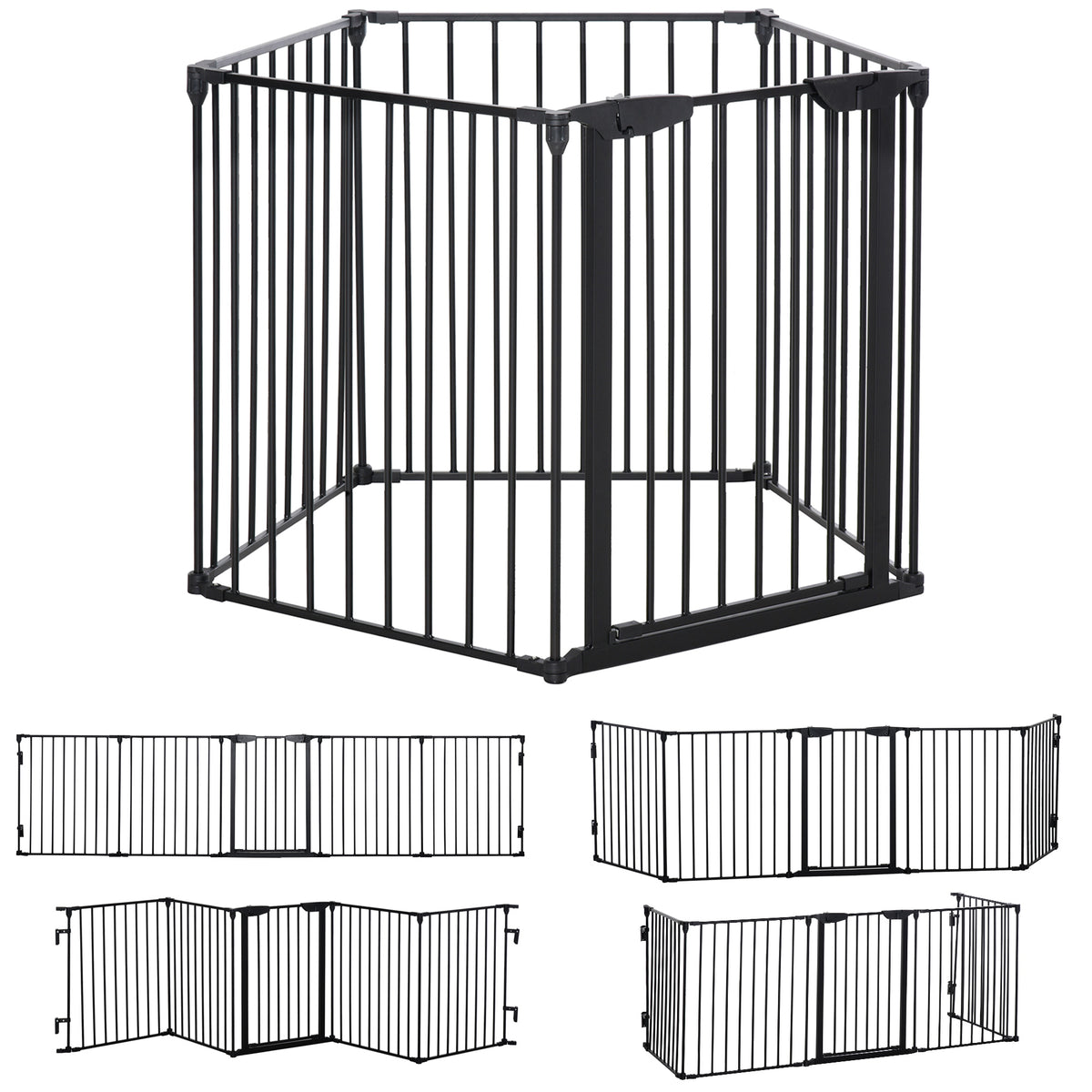 2-in-1 afscheidingshek, huisdierenren, veiligheidshek, inklapbaar, metaal, 300 x 3 x 74,5 cm, zwart