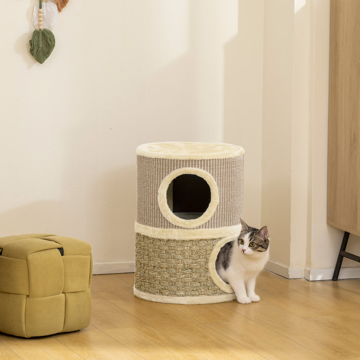 Krabton, 49 cm hoog, Ø35,5 cm, krabton met twee verdiepingen, pluche rand, krabmat, 2 grotten, kaki + koffie (2)
