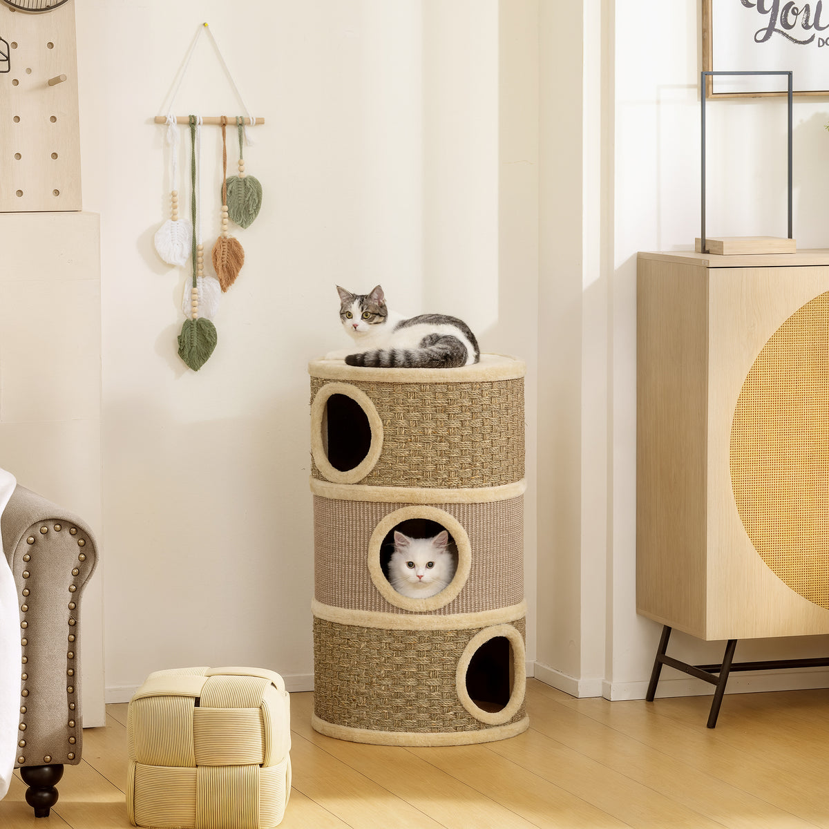 Krabton, 79 cm hoog, Ø45 cm, drielaagse kattenmand met sisaltouw, kattenhol, voor grote katten, kaki+bruin (2)