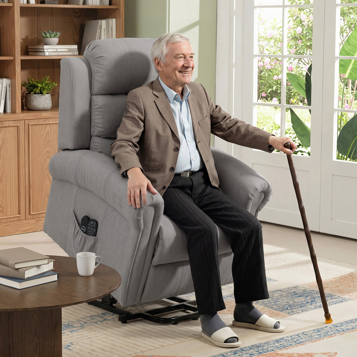 Massagestoel met sta-opfunctie, relaxfauteuil, vibratiekoppen, met kantelfunctie, linnenlook, lichtgrijs (2)