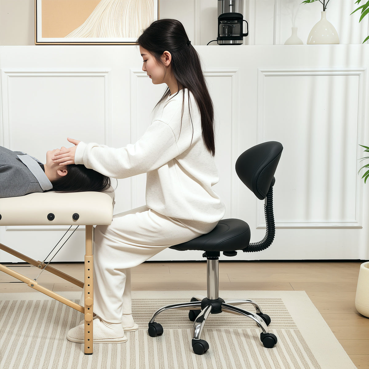 In hoogte verstelbare rolkruk met rugleuning, draaikruk 83-98 cm, werkkruk 360° draaibaar voor kantoor en salon (2)