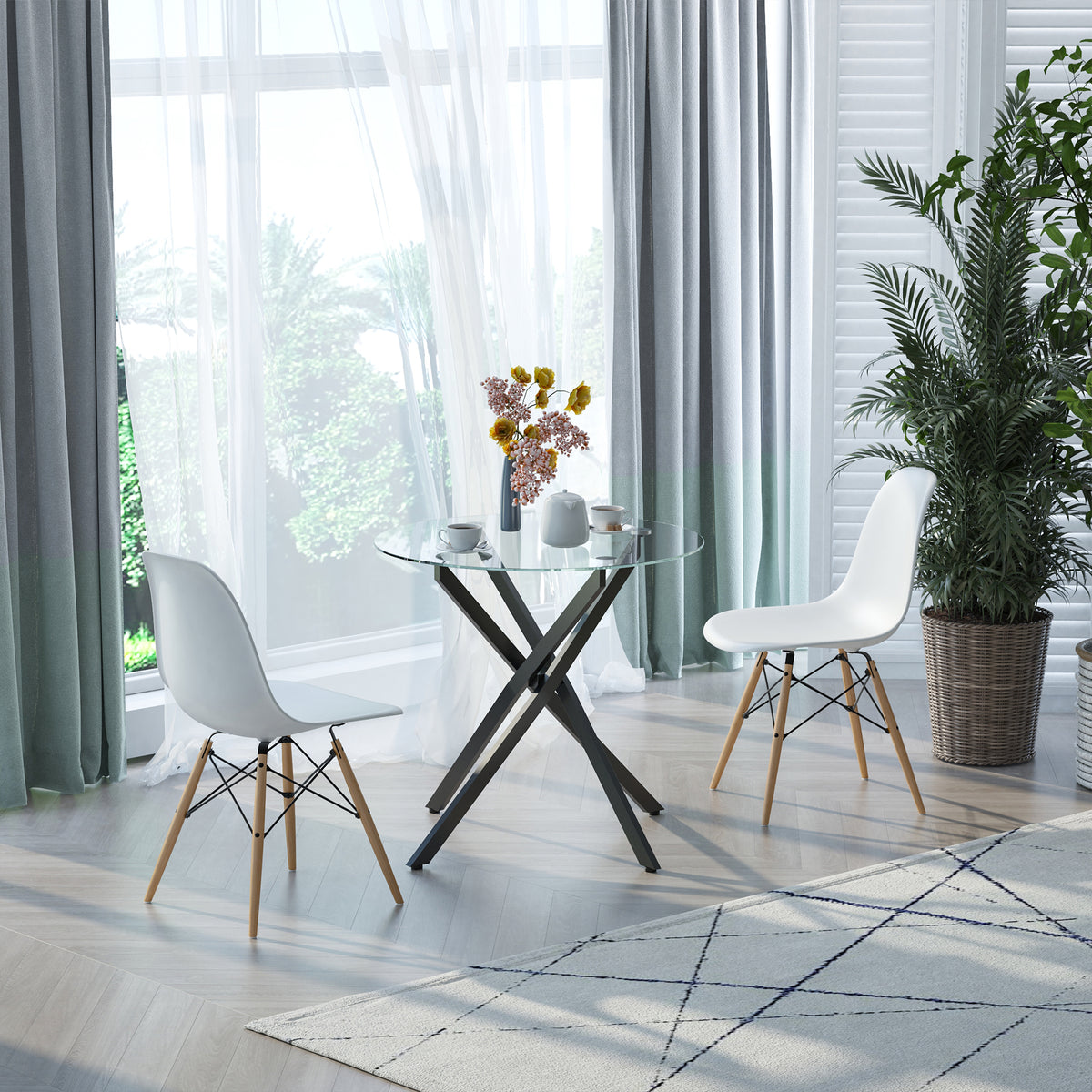 Moderne glazen eettafel, 80 cm diameter, keukentafel met blad van gehard glas en metalen poten, voor 4 personen (2)