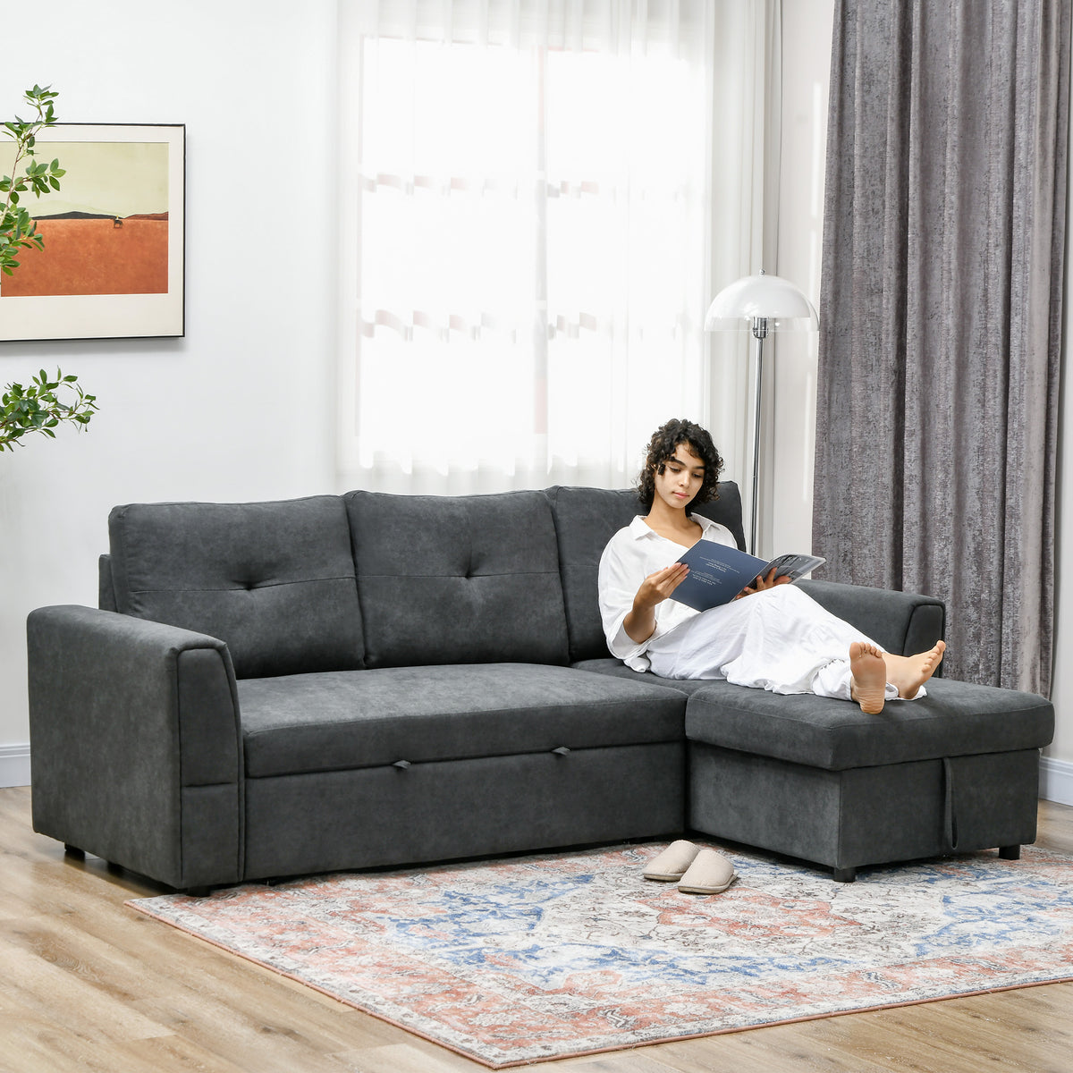 3-zitsbank met slaapfunctie, slaapbank met chaise longue, gestoffeerde bank, donkergrijs (2)