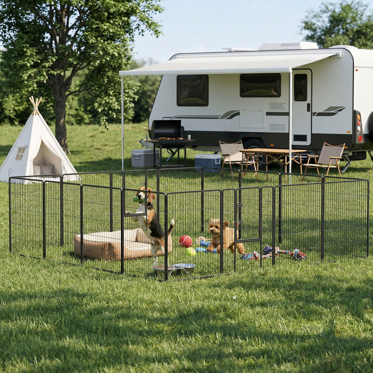 Puppenren, modulair ontwerp, 16 elementen, 2 deuren, weerbestendig, staal, 3,2 x 3,2 x 1 m, grijs (2)
