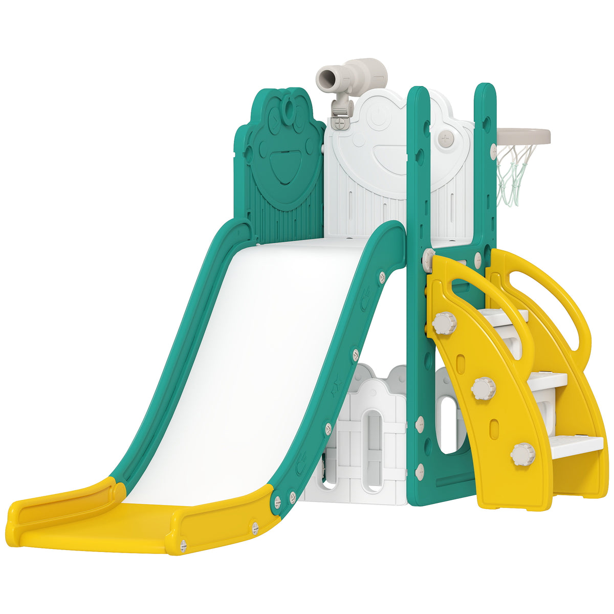 5-in-1 kinderglijbaanset, telescoop, basketbalring, kunststof, geel+groen