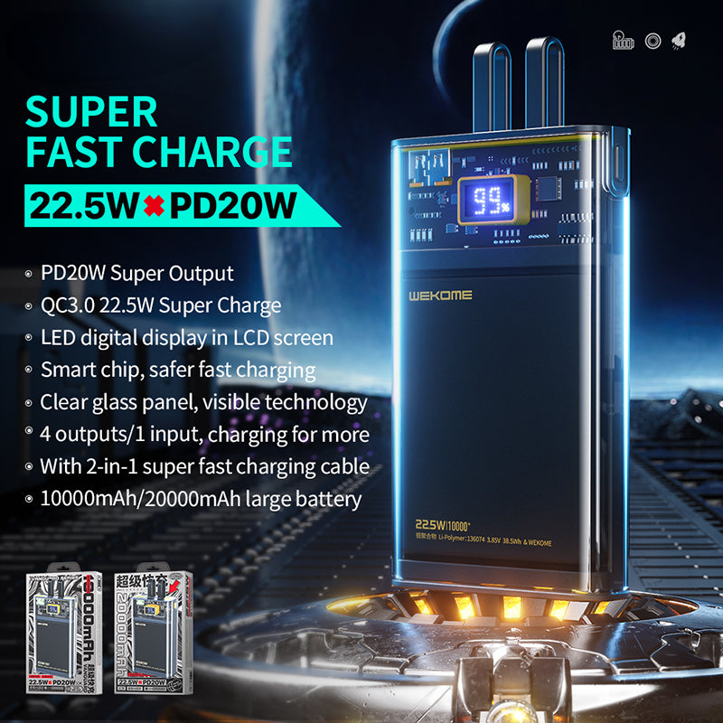 WEKOME WP-325 Vanguard Series - Powerbank 20.000 mAh super-opladen met ingebouwde USB-C en Lightning-kabel PD (2)