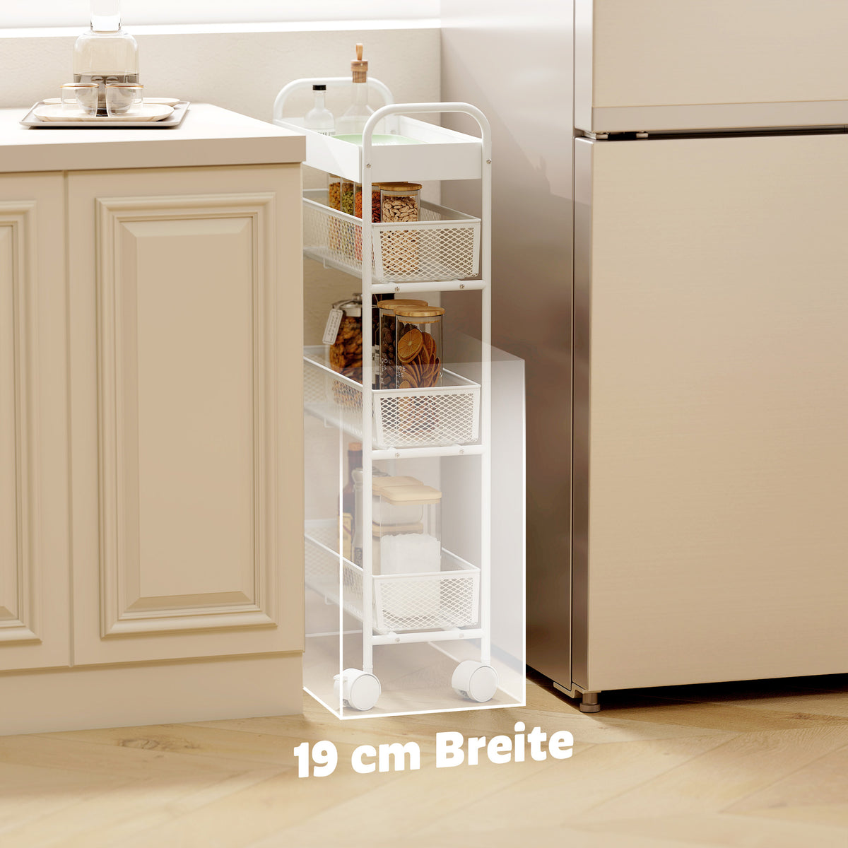 Keukenwagen van metaal, 3 manden, smal design, 4 wielen, voor keuken, woonkamer, badkamer, wit (6)