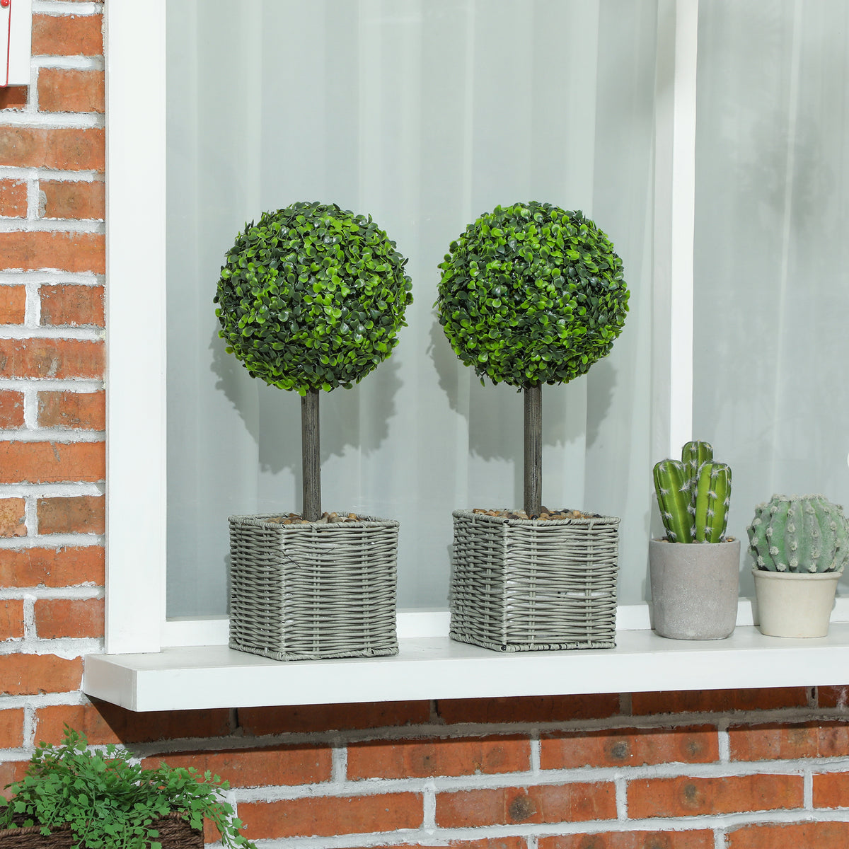 Set van 2 kunstplanten, UV-bestendige kunstbomen in pot, geschikt voor binnen en buiten, kunststof, cement (2)
