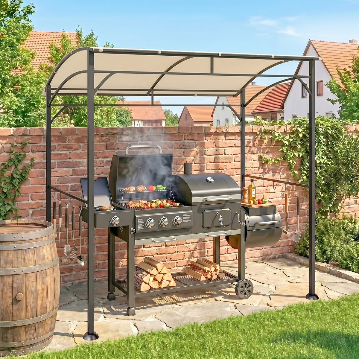 Grillpaviljoen, grilloverkapping, regenbescherming, haken voor keukengerei, stalen frame, beige+zwart, 215 x 150 (2)