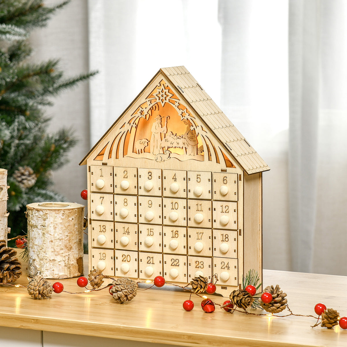 Adventskalender met ledverlichting, 24 lades, kerststal, 26,6x6x30 cm, houtlook (2)