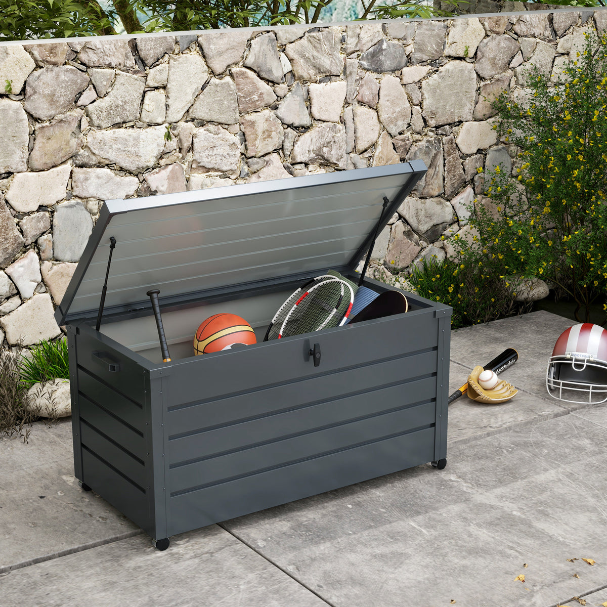 Buiten opbergbox, tuinbox, kussenbox, weerbestendig, 4 wielen, 100 x 62 x 65 cm, donkergrijs (2)