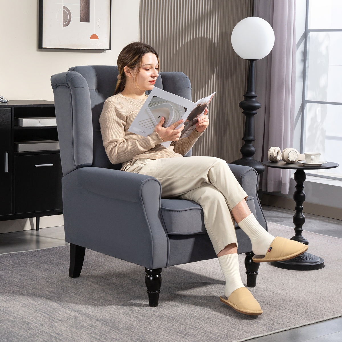 Oorfauteuil relaxfauteuil fauteuil, vintage design, knoopstiksel, gedraaide poten, 74 cm x 86 cm x 102 cm, grijs (8)