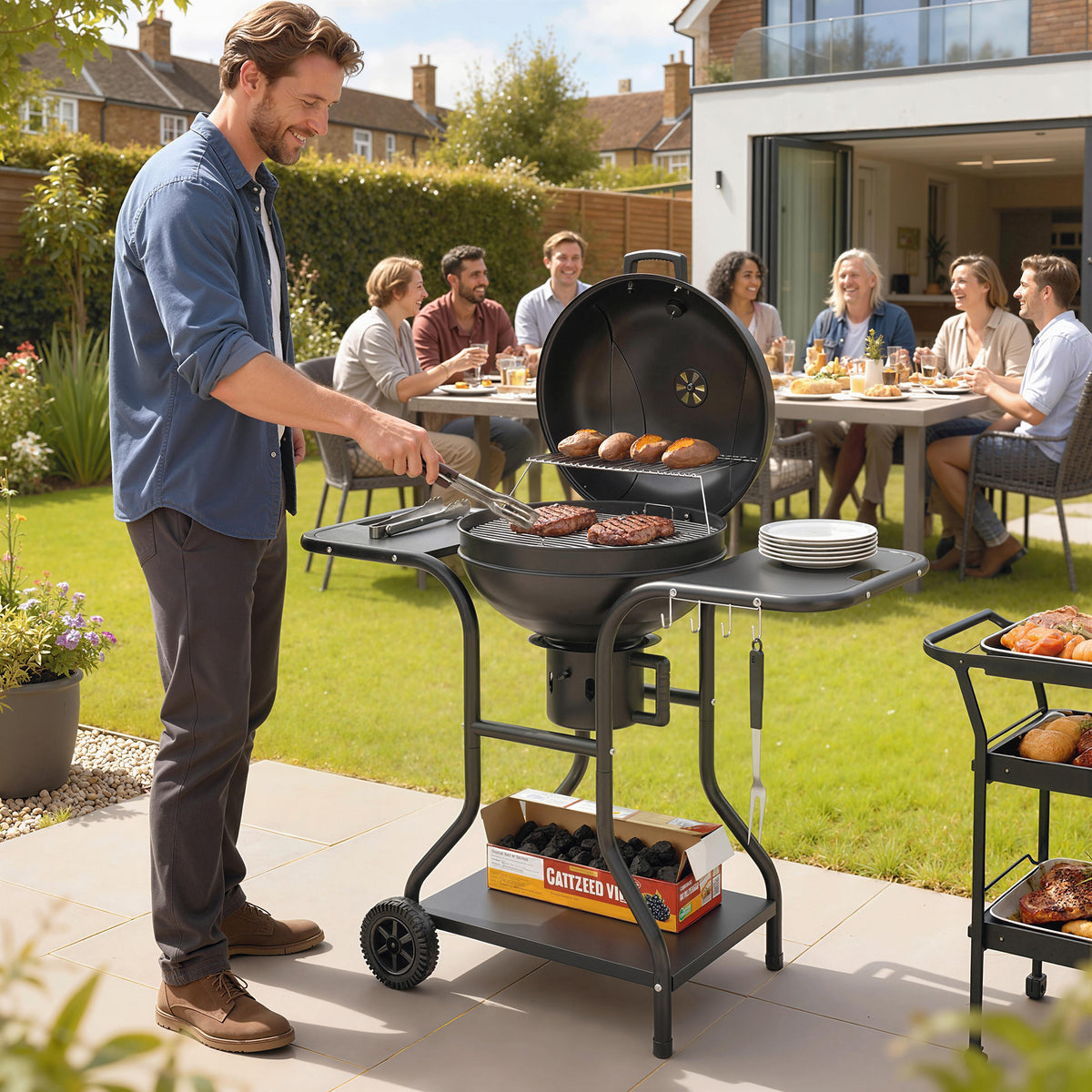 Houtskoolbarbecue BBQ Smoker met zijtafels deksel thermometer wielen 129 x 63,5 x 106,5 cm (2)