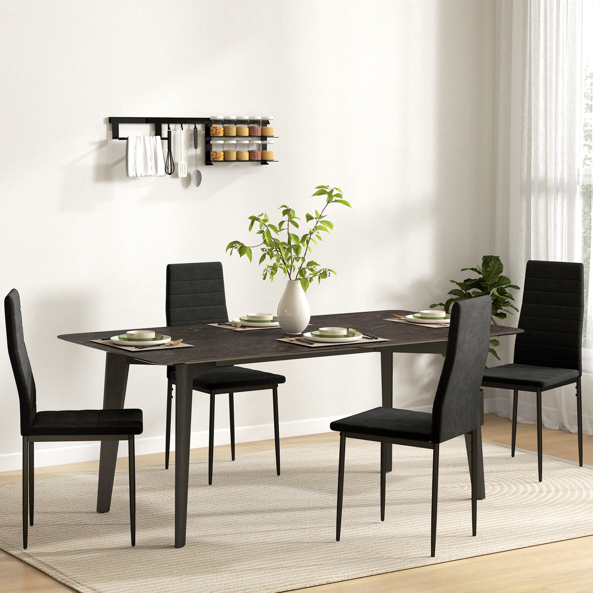 Set van 4 eetkamerstoelen, armloos ontwerp, stoffen bekleding, metalen poten, zwart (2)