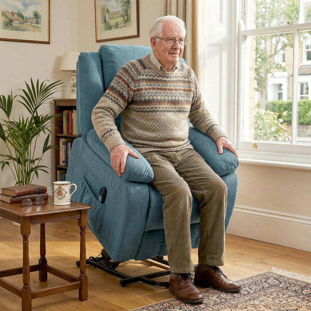 Sta-opstoel met zachte bekleding, relaxfauteuil met afstandsbediening en zijvakken, blauw (2)
