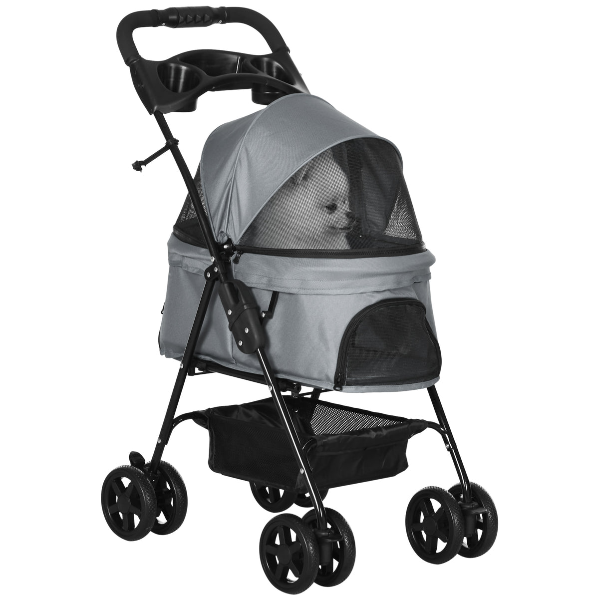 Hondentrolley hondenwagen tot 4 kg inklapbaar netvenster bodemmand bekerhouder afneembaar dak grijs 67 x 45 x 96