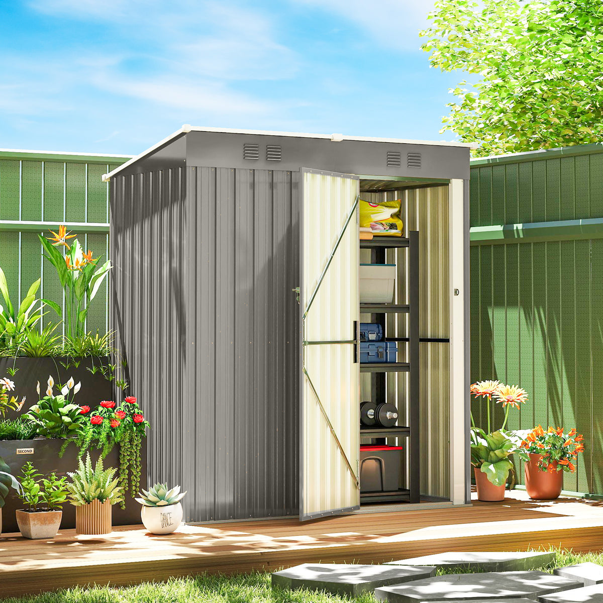Metalen tuinhuis 1,37 m², afsluitbare gereedschapsschuur met ventilatie, lessenaarsdak en handschoenen, 163 x 90 (2)