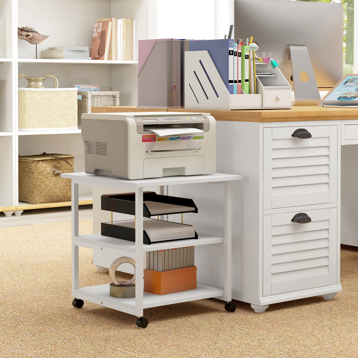 Printertafel met wielen, printerstandaard met 3 niveaus, printerhouder staal, 50 x 50 x 52,5 cm (2)