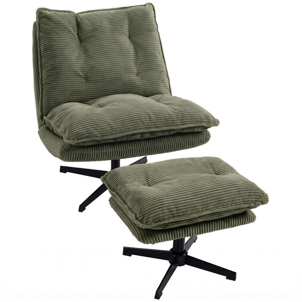 Loungestoel met hocker, 360° draaibaar, ribfluwelen bekleding, in hoogte verstelbare voetensteun, groen