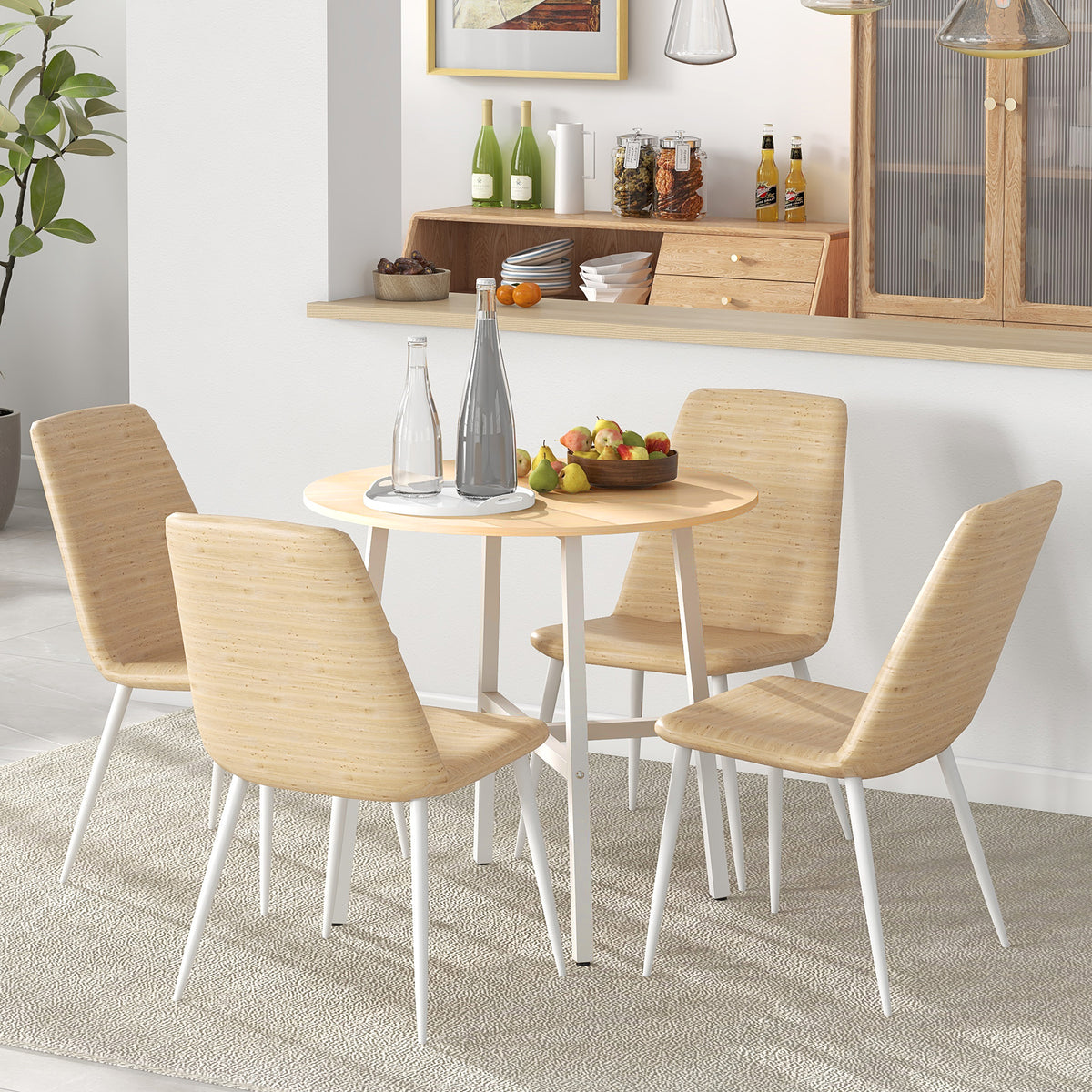 Eettafel, industriële stijl, afgerond design, belastbaar tot 60 kg, Ø80 x 76H cm, natuurlijk hout/wit (2)