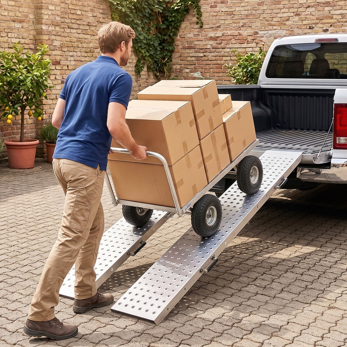 Set van 2 inklapbare oprijplaten van metaal, drempelhulp met handgrepen tot 400 kg, voor banden tot 22,5 cm (2)