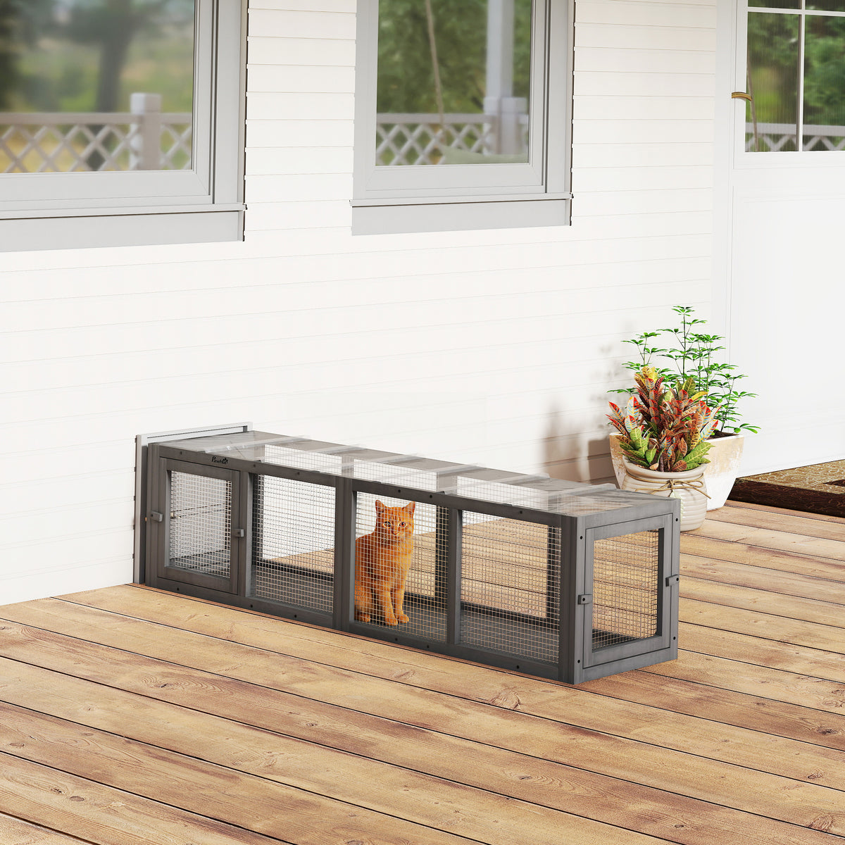Kattentunnel kattenspeelgoed van hout met 3 deuren, uitbreidbare speeltunnel voor katten tot 10 kg, 151,5 x 38,5 (2)