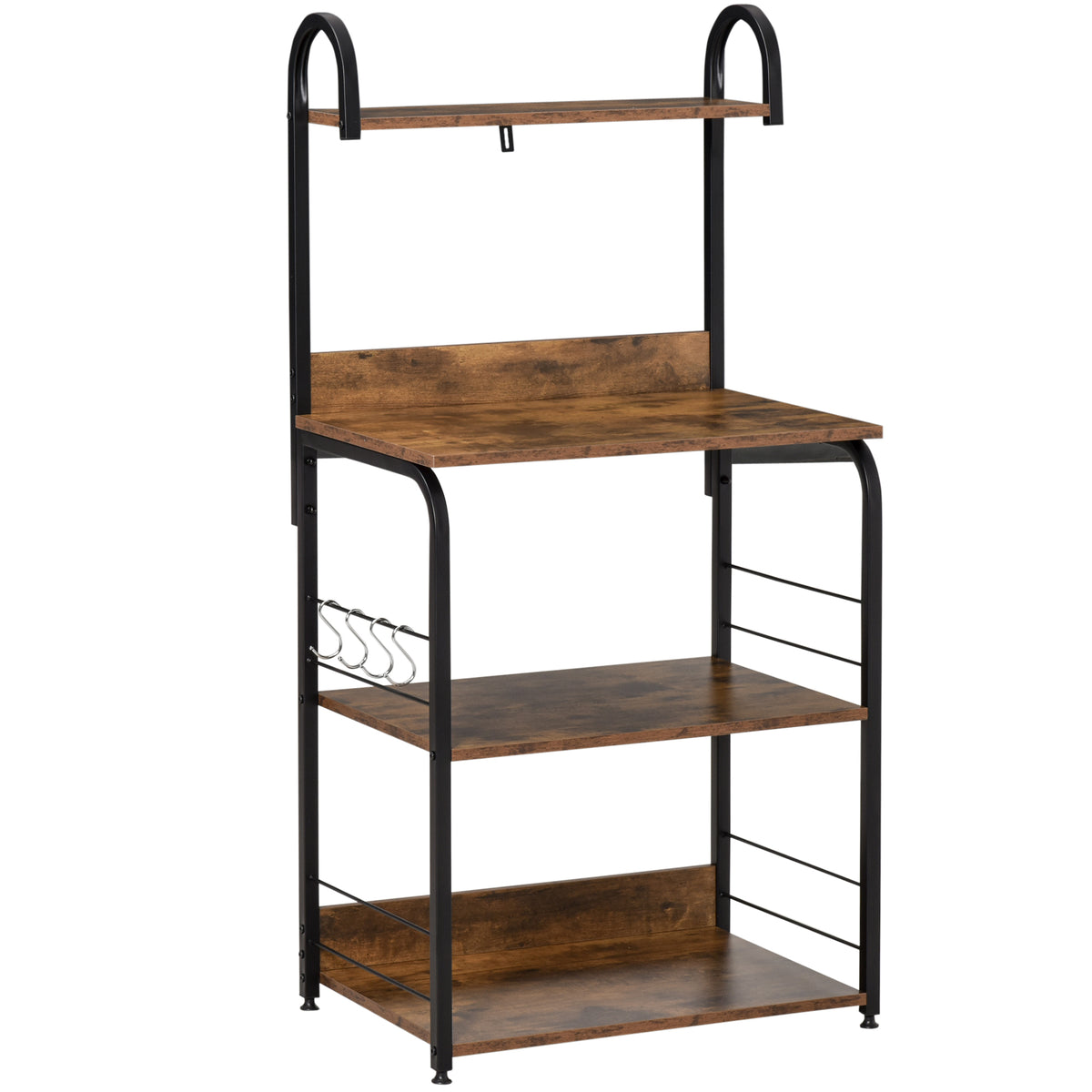 Keukenrek, staand rek met 3 planken, 4 haken, magnetronrek voor keuken, eetkamer, rustiek bruin, 60 x 40 x 125