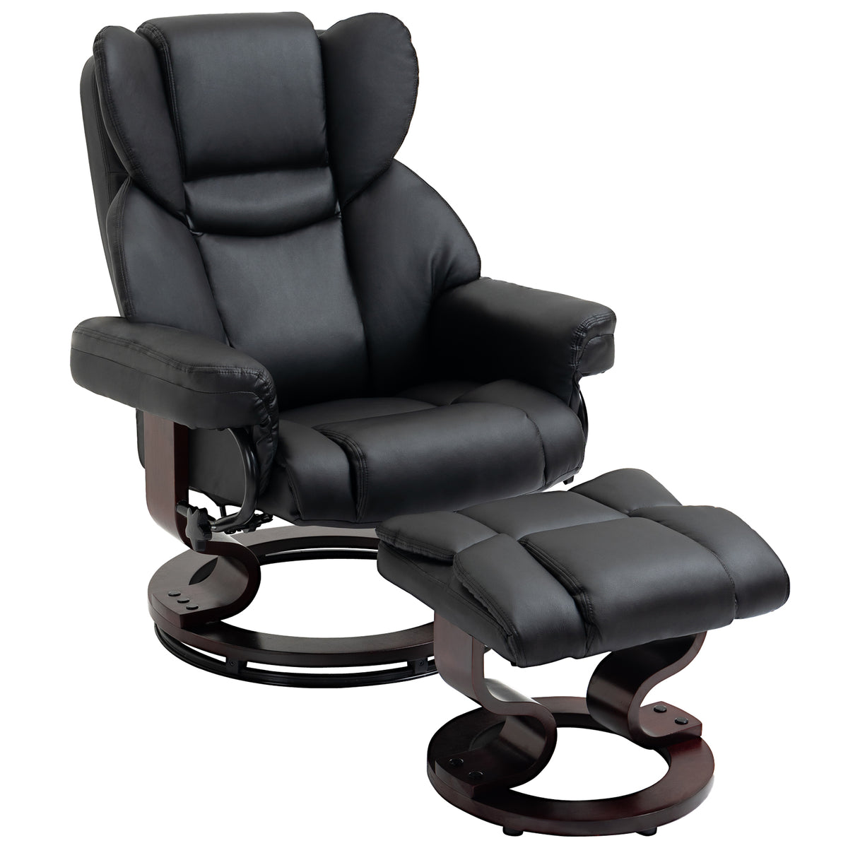 Relaxfauteuil met hocker, ligfunctie, draaibaar, tot 160 kg, kunstleer, metalen frame, zwart, 80 x 79 x 100 cm