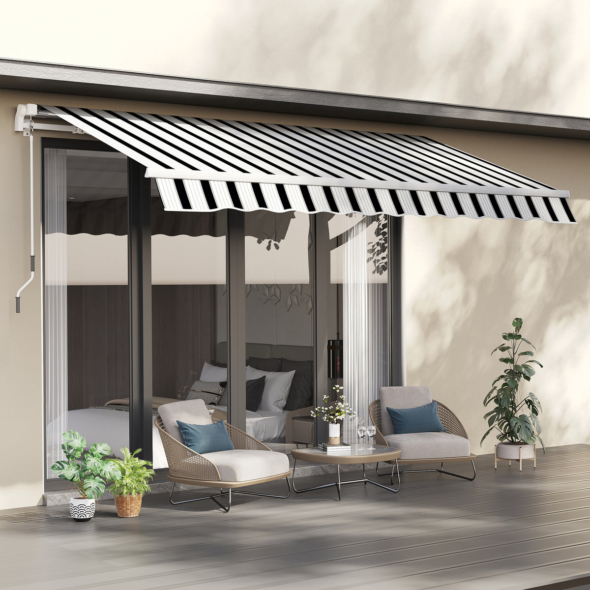 Markies, zonwering, inklapbaar, met handslinger, metalen frame, polyester, blauw+wit, 3,95 x 2,45 x 3,50 m (2)