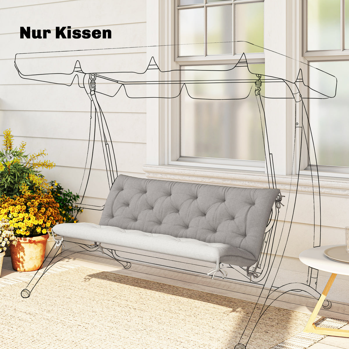 Bankkussen voor 3-zitsbank 150x98x8 cm, bankkussen met strikbanden, bankstoffering voor tuinmeubelen en (2)