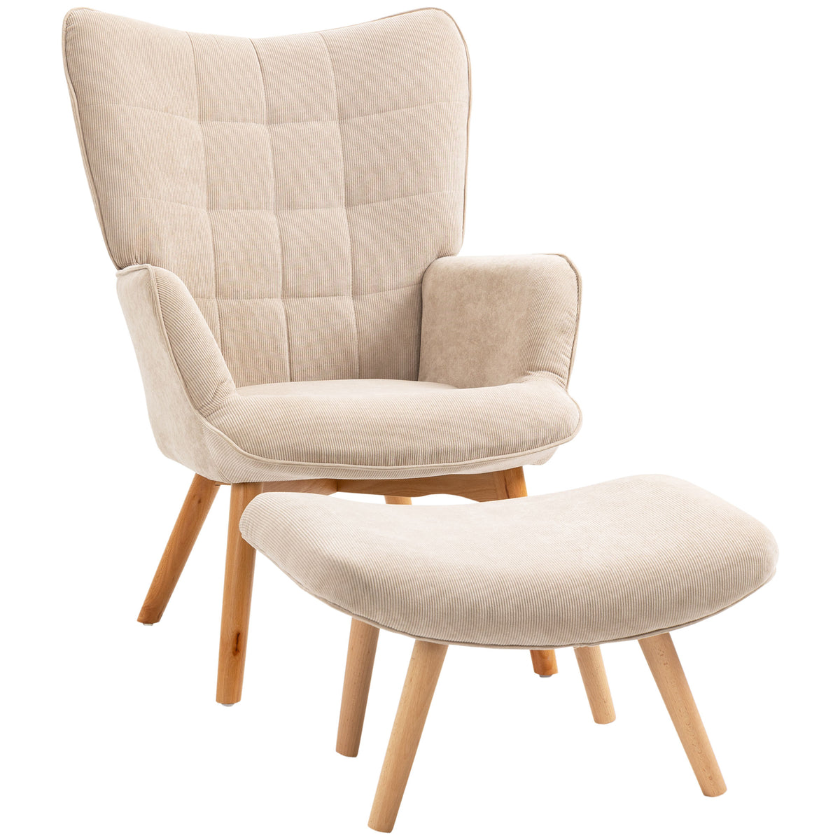 Accentfauteuil met hocker, relaxfauteuil in corduroy-look, armleuningstoel met houten poten, voor woonkamer