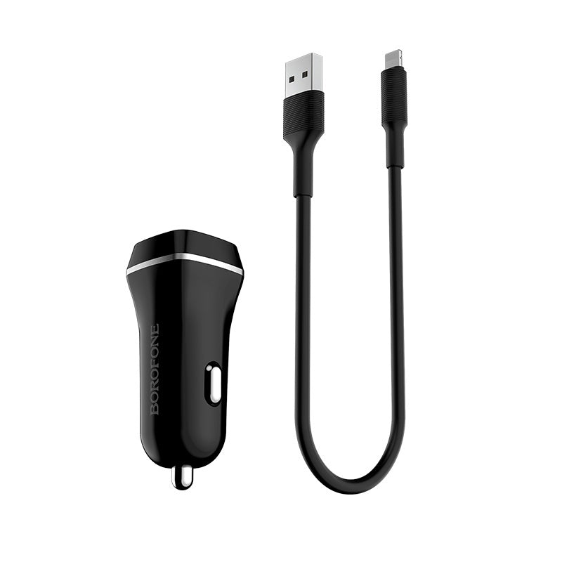 Borofone - Autolader 2x USB inclusief Lightning-kabel, zwart – verpakking