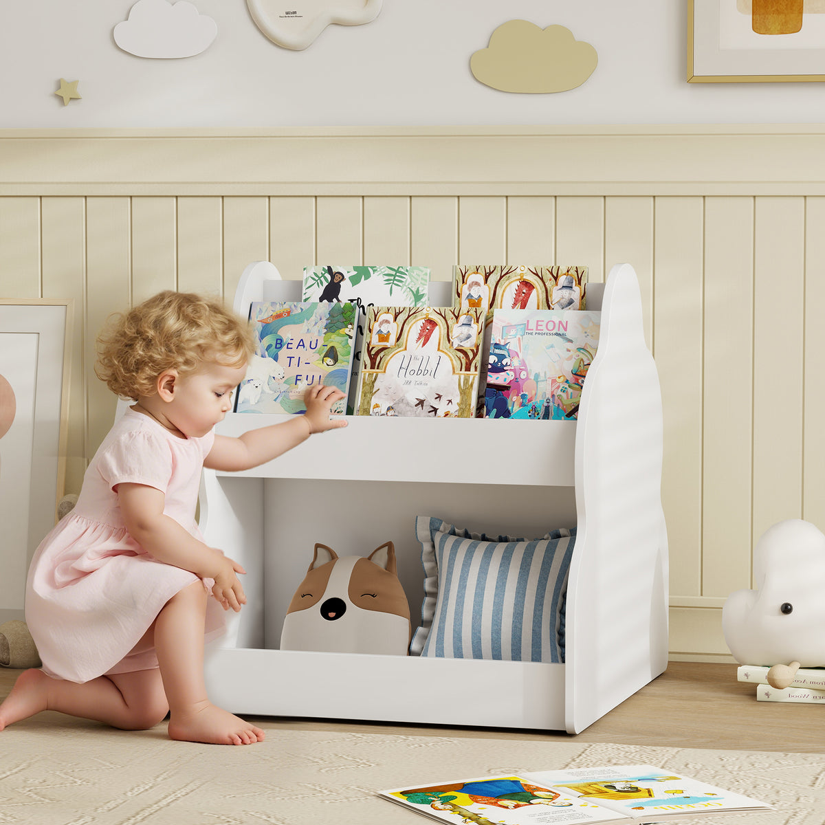 Kinderboekenrek, 2-laags kinderboekenrek met wielen, 4 planken, voor kinderkamer, speelkamer, 54x50x56 cm, wit (2)