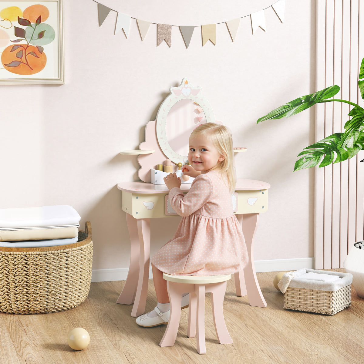 Kinderkaptafel, stoel, lade, afneembare spiegel, kinderbureau met 7 accessoires, 2-in-1 ontwerp, MDF, roze (2)