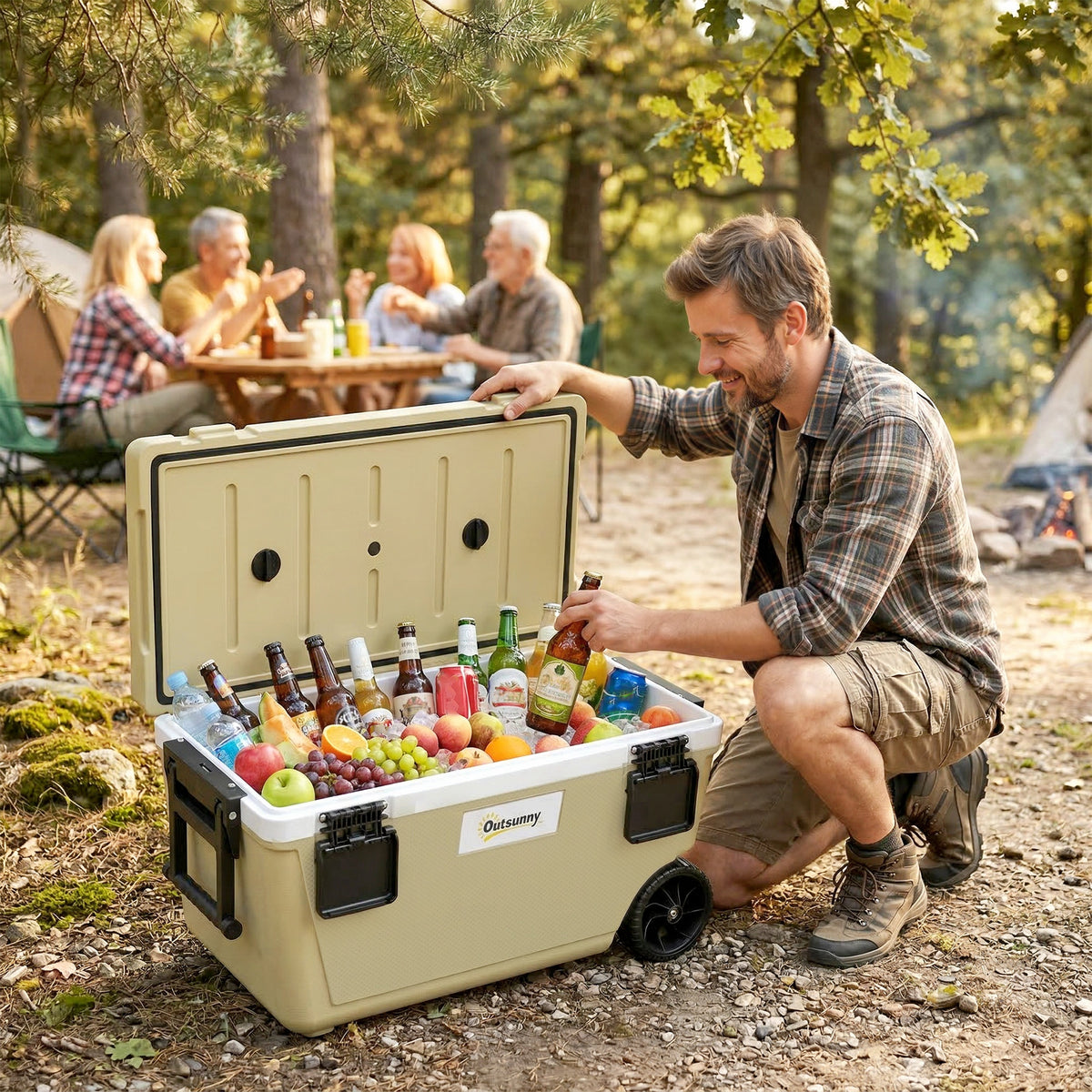 Koelbox 70L Grote passieve thermobox tot 72 uur koeling, met PU-volschuimisolatie, wielen, aftapventiel en (2)