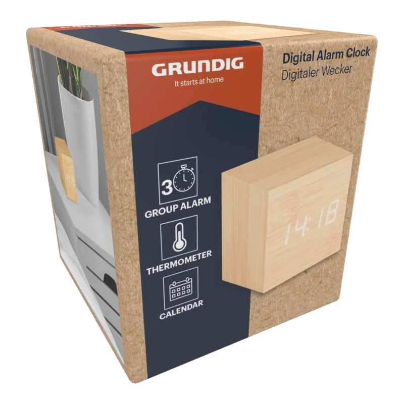 Grundig - Digitale led-wekker met thermometer en kalender (lichtbruin)