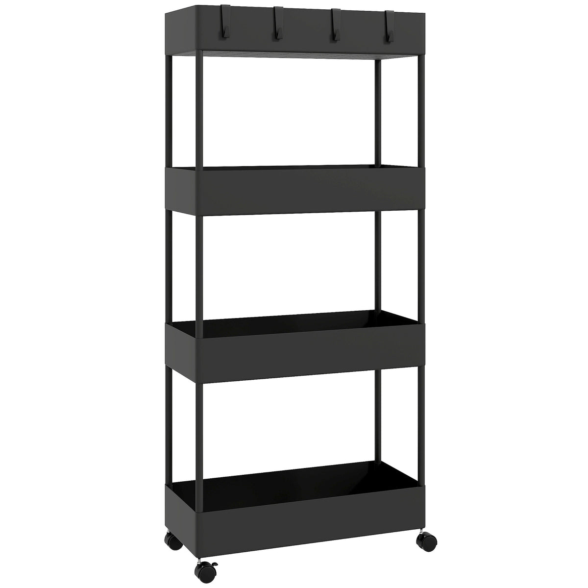 Keukentrolley met 4 planken, 4 flexibele haken, 4 wielen, 40 cm x 19 cm x 90 cm, niswagen, zwart