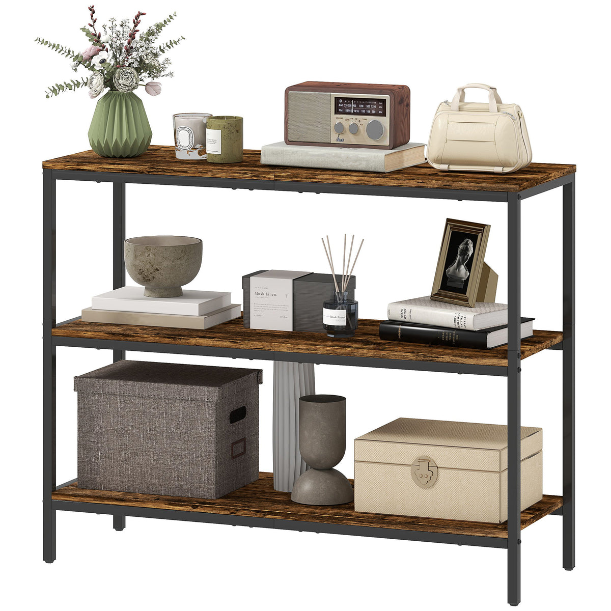 Sidetable, bijzettafel met 3-laagse plank, spaanplaat, metaal, lichtbruin